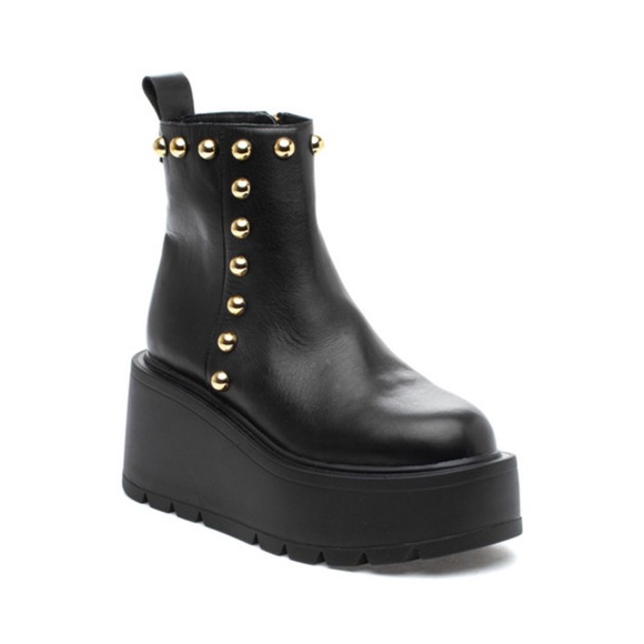 J Slides Shoes - Black Leather Platform Studded Boot with Lug Sole - New in Box